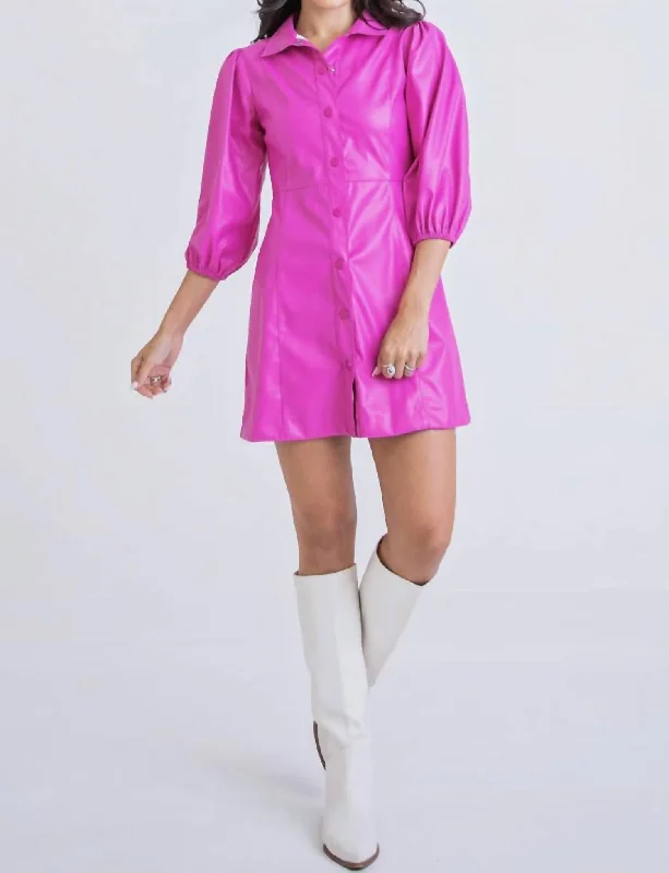 Solid Pleather Button Shirt Dress in Magenta Boho Shirt Dress