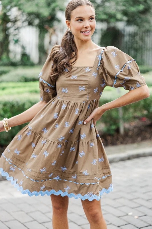 The Perfect Day Coffee Brown Bow Print Dress Ruffled floral dresses