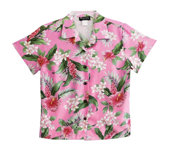 Tropical Dreams Ladies Hawaiian Camp Shirt in Pink Ruffled Shirt Dress