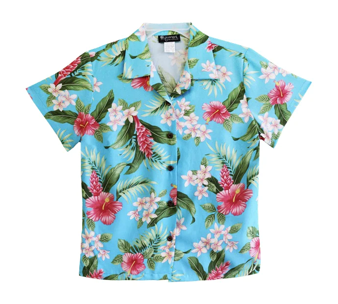 Tropical Dreams Ladies Hawaiian Camp Shirt in Turquoise A-line Shirt Dress