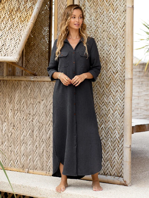 Valentina Linen Blend Shirt Dress Charcoal Pleated Shirt Dress