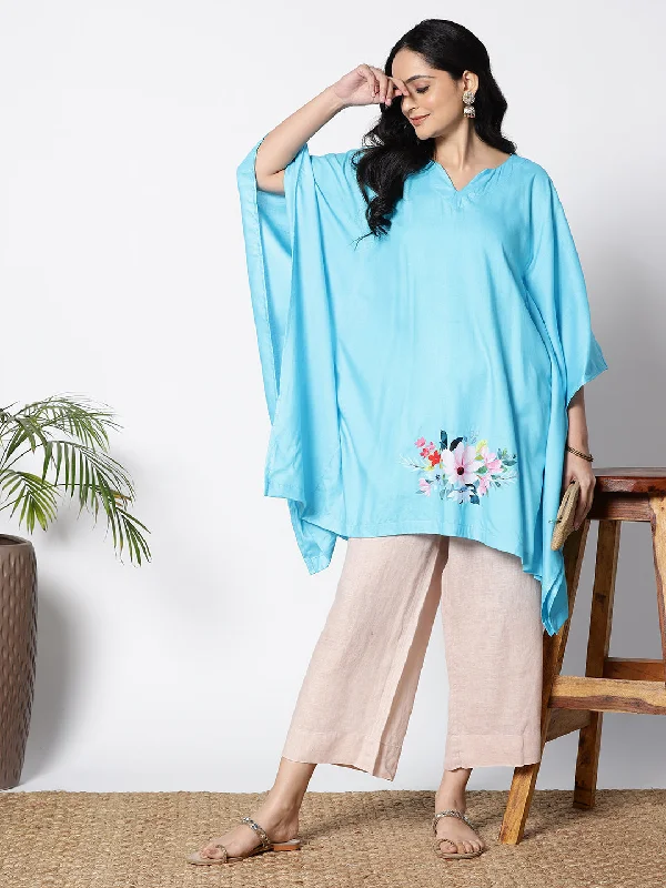 Turquoise Rayon Kaftan - Flowers bloom Soft fabric unclassified dresses