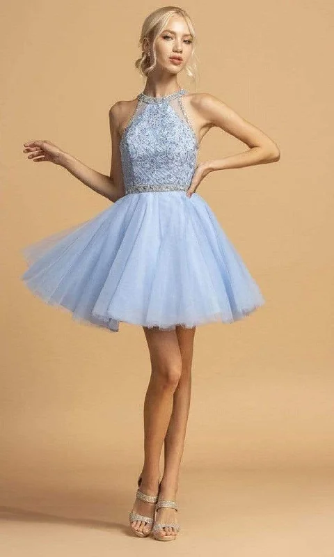 Aspeed Design - S2095 Beaded Halter Tulle Dress Long Sleeve Tulle