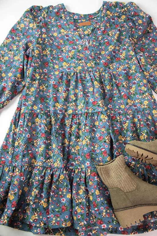 Delia Floral Corduroy Dress, Dusty Blue | Plus Size Sexy Plus Dress