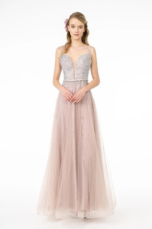 Jewel Embellished Tulle A-Line Dress w/ Strap Back- GL2892 by Elizabeth K - Special Occasion Soft Layered Tulle