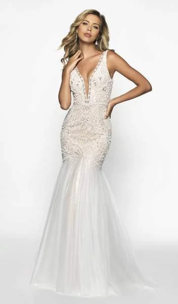 Flair Prom - Embellished Illusion Plunging Neck Tulle Trumpet Dress 19213 - 1 pc Ivory/Nude In Size 8 Available Full Tulle Dress