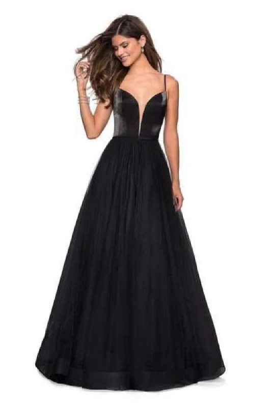 La Femme - 27485 Two Tone Deep V-neck Satin Tulle A-line Dress Tulle Dress Formal