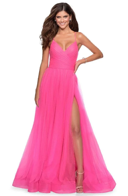 La Femme - 28561 Ruched Tulle A-Line Dress with Slit Tulle Dress Vibe