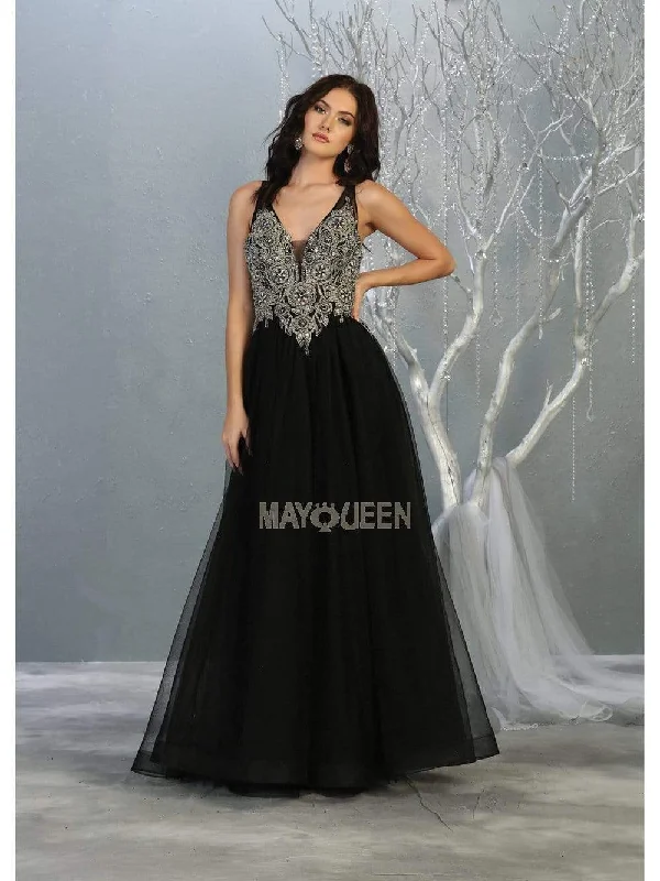 May Queen - MQ1737 Long Beaded V-Neck Bodice Tulle Dress Tulle Dress Trendy