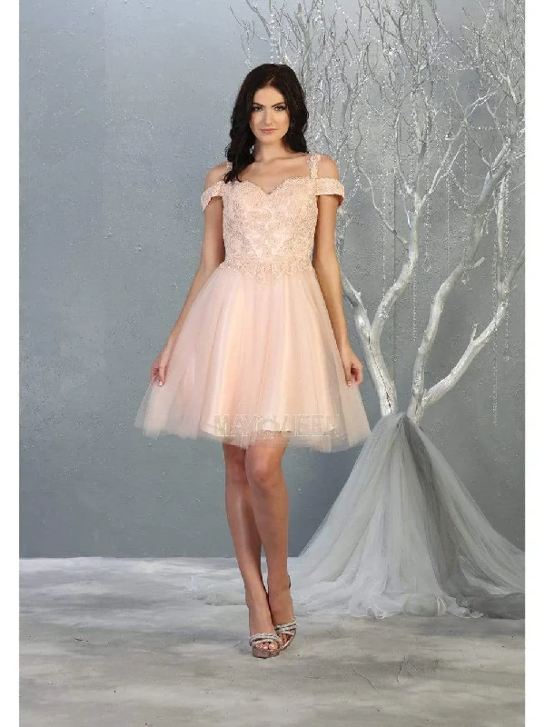 May Queen - MQ1809 Short Appliqued Off Shoulder Tulle Dress Tulle Dress Glow