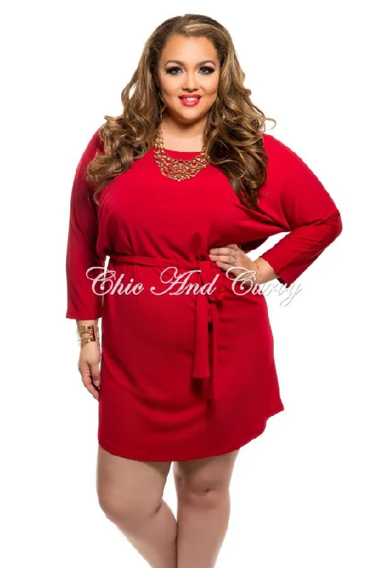 Final Sale Plus Size Shirt Dress with Tie in Red Plus Size Midi