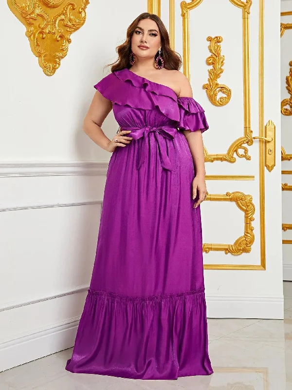 Plus Size Asymmetrical One Shoulder Chiffon  A Line Dresses Plus Size Dressy