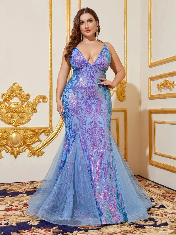 Plus Size Back Lace Up Sequin Mermaid Dress Elegant Plus Gown