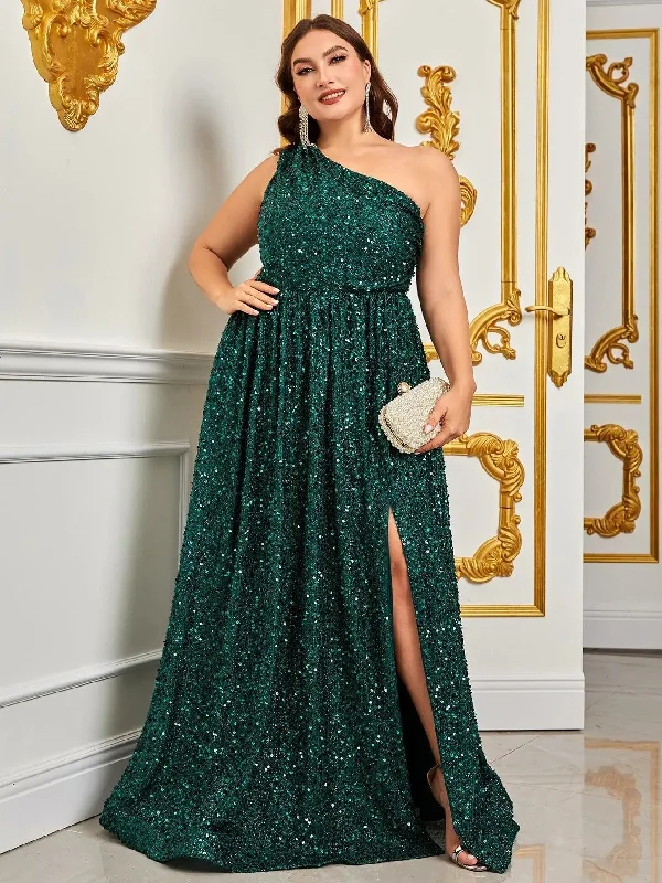 Plus Size One Shoulder Sleeveless Sequin A Line Dresses Plus Size Outfit