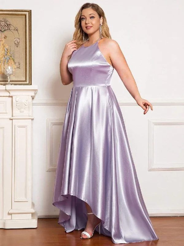 Plus Size Romantic Satin Halter Neck High Low Pleated Prom Dress Plus Size Casual