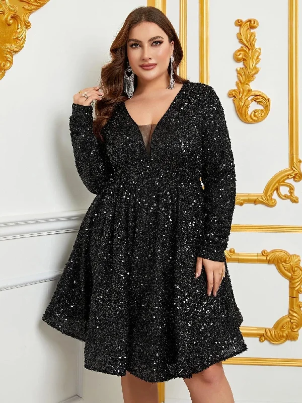 Plus Size V Neck Long Sleeve Sequin A Line Dress Formal Plus Dress