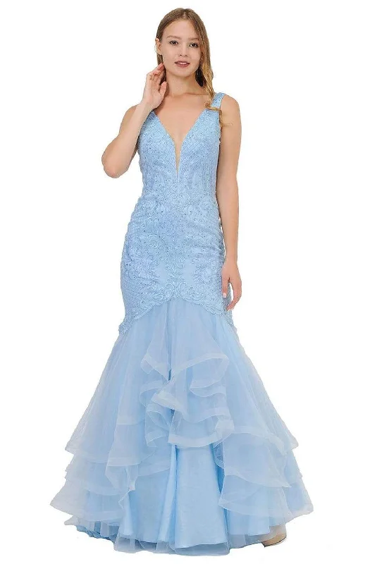 Poly USA - 8320 Embroidered Deep V-neck Tulle Mermaid Dress Tulle Dress Occasion