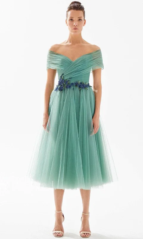 Tarik Ediz 98293 - Off Shoulder Tulle Tea-Length Dress Tulle Dress Simple