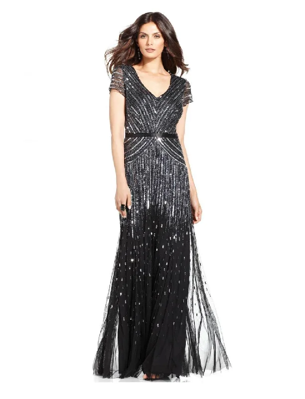 Adrianna Papell - V-Neckline Sequined Mesh Long Dress 62868950 Plus Size Sequin