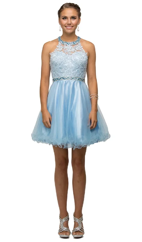 Dancing Queen - 9534 Bejeweled Collar Halter Lace A-Line Homecoming Dress Satin Lace Dress