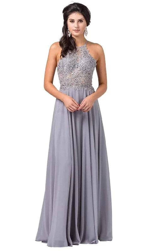 Dancing Queen - Halter Lace Applique A-line Dress 2716 - 1 pc Silver In Size XS Available Lace Bridesmaid Gown