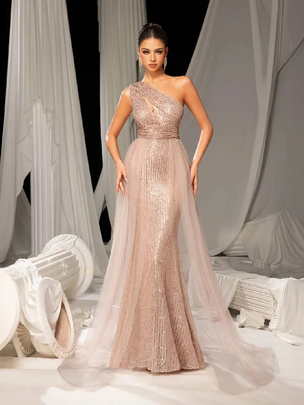 Elegant One Shoulder Sleeveless Mesh Overlay Sequin Formal Prom Dress Sequin Dress Appeal