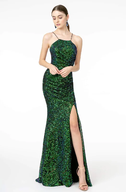 Elizabeth K - GL1812 Sequined Halter Trumpet Dress With Train Sequin Dress Night