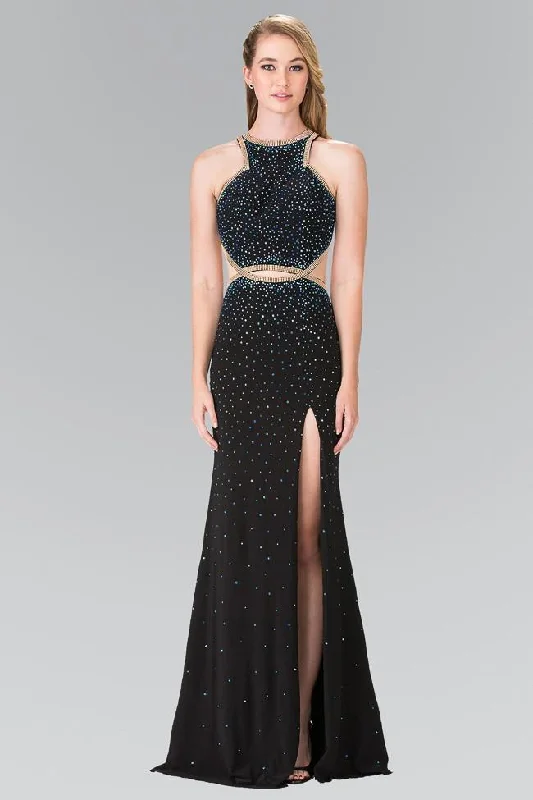 Elizabeth K - GL2265 Sequined Halter Long Dress with Slit Gold Sequin Dress