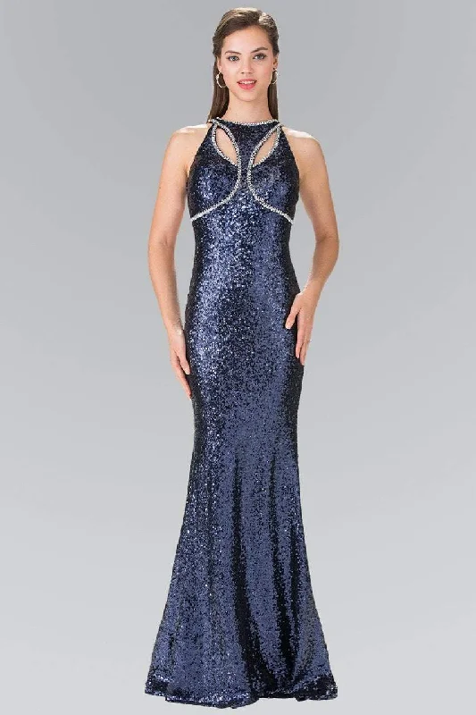 Elizabeth K - GL2217 Sequined Halter Neck Trumpet Dress Flared Sequin Dress