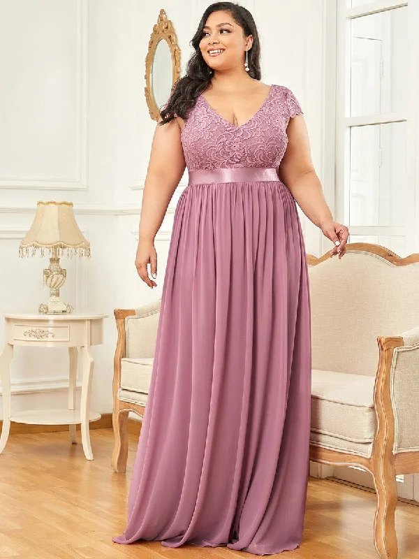 Empire Waist A-Line Lace Cap Sleeve Chiffon Plus Size Mother of the Bride Dress Plus Size Summer