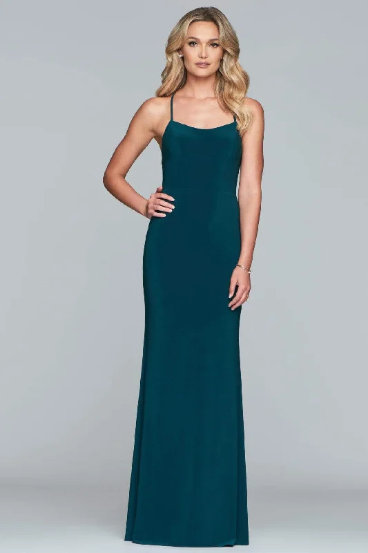 Faviana - Lace Up Back Long Sheath Dress S10205 - 1 pc Evergreen In Size 0 Available Lace Dress Glamorous