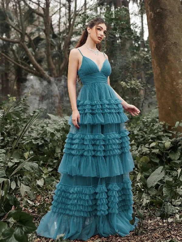 Gorgeous Plunging Neck Tiered Tulle Slip Prom Dress Elegant Tulle Dress