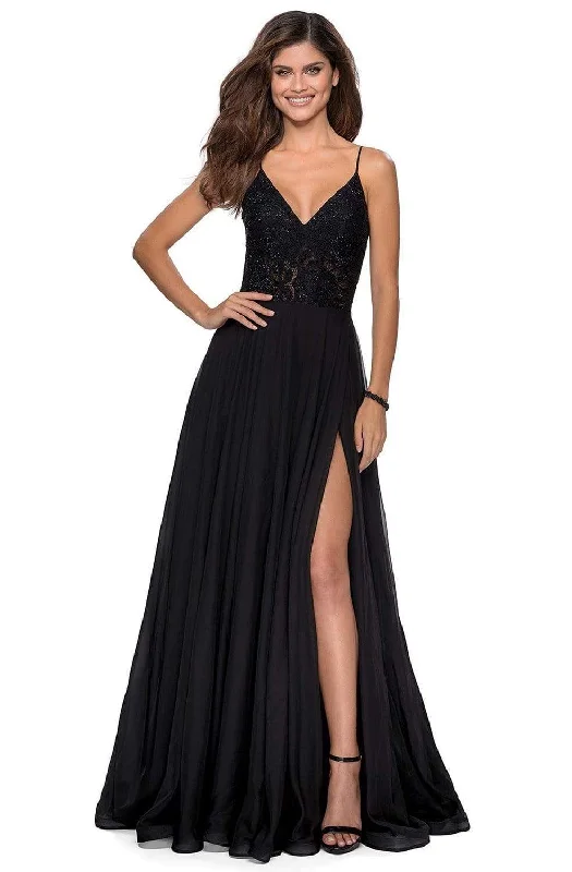 La Femme - 28664 Sequined Lace Chiffon Simple Prom High Slit Dress Vintage Sequin Dress