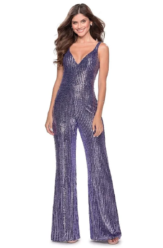 La Femme - 28722 Sequined Deep V-neck Jumpsuit Sleeveless Sequin Dress