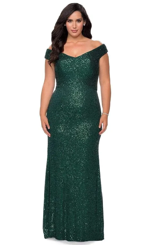 La Femme - 28795 Sequined Off-Shoulder Modest Prom Sheath Dress Sparkling Sequin Dress