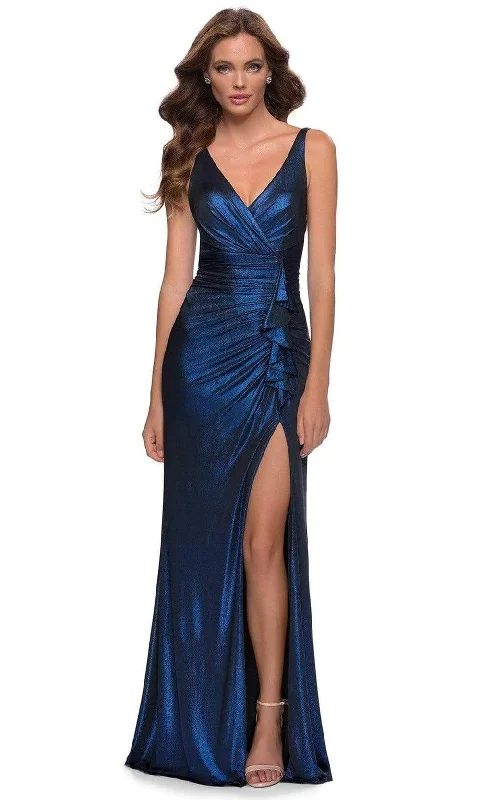 La Femme - 29759 Ruffle-Trimmed High Slit Plus Size Prom Dress Trendy Plus Gown