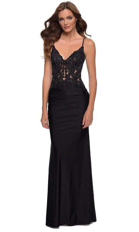 La Femme - 29774 Plunging V-Neck Lace Sheath Plus Size Prom Dress Plus Size Ruffle