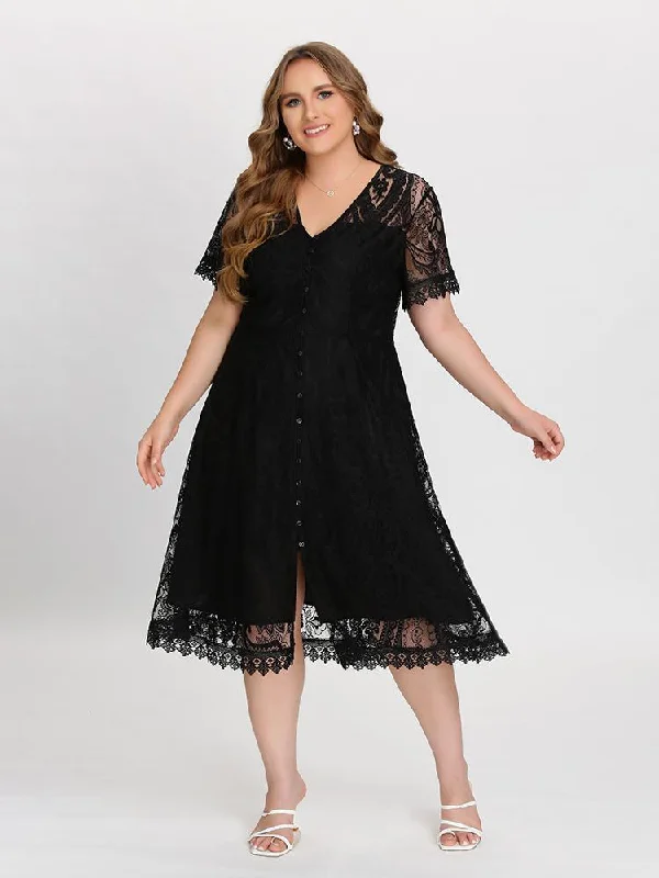 Lace Button Front Dress Lace Overlay Dress