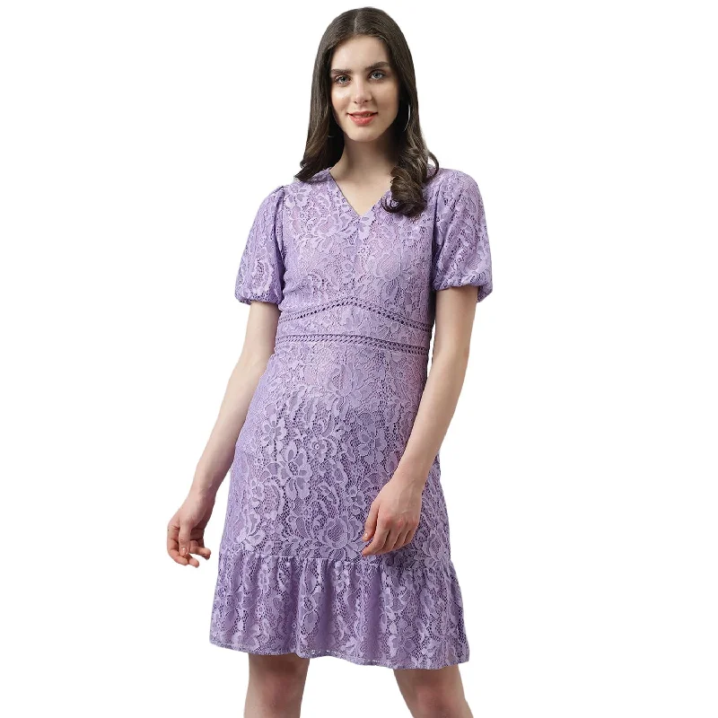 Latin Quarters Women's Lilac Self Design Lace Ruffle Short Dress_2XL Boho Lace Dress