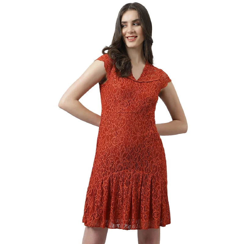 Latin Quarters Women's Rust Self Design Lace Cap Sleeve Dress with Ruffles_L Lace Dress Trend