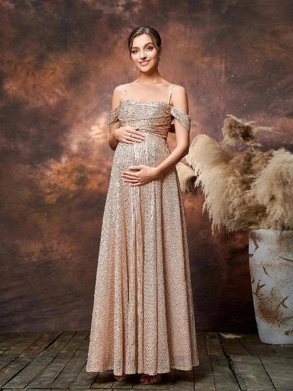 Maternity Cold Shoulder A Line Sequin Formal Dress Metallic Sequin Dress