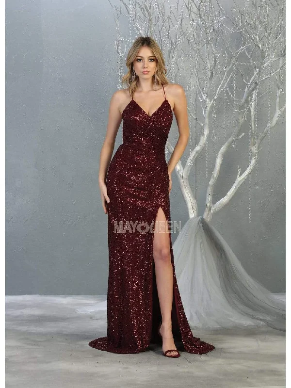 May Queen - RQ7852 Sequin Embellished Deep V-Neck Dress with Slit Sequin Dress Allure