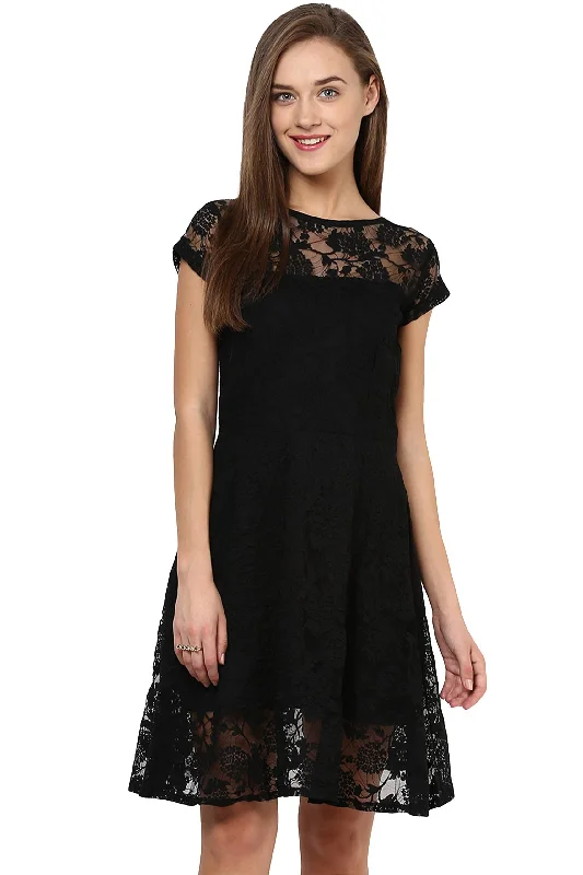 Miss Chase Women's Black Round Neck Cap Sleeves Low Back Lace Skater Dress (MCAW15D05-43-62_Black_XL) Lace Dress Elegance