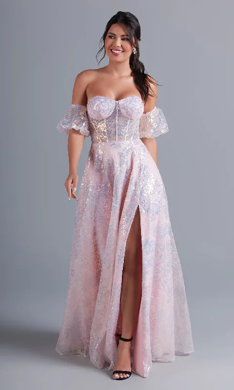 Puff-Sleeve Blush Pink Long Sequin Formal Dress Sequin Wrap Dress