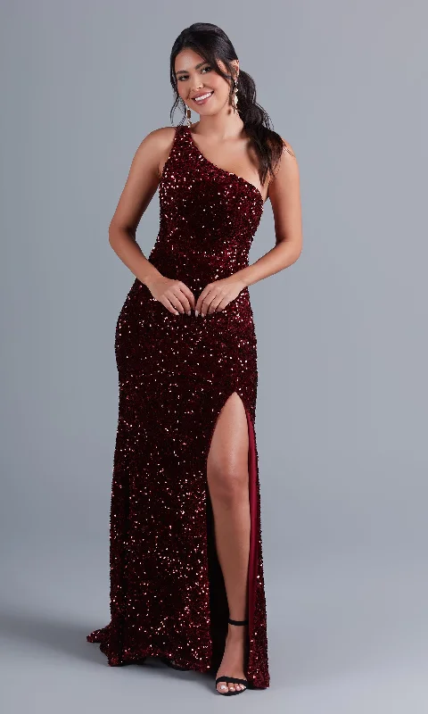 One-Shoulder Long Velvet Prom Dress with Sequins Sequin Evening Dress