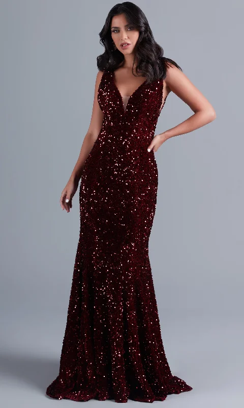 Deep V-Neck Dark Red Long Velvet-Sequin Prom Dress Sequin A-line Dress