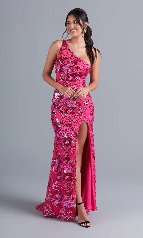 Hot Pink One-Shoulder Sequin Long Formal Dress Sequin Dress Sexy