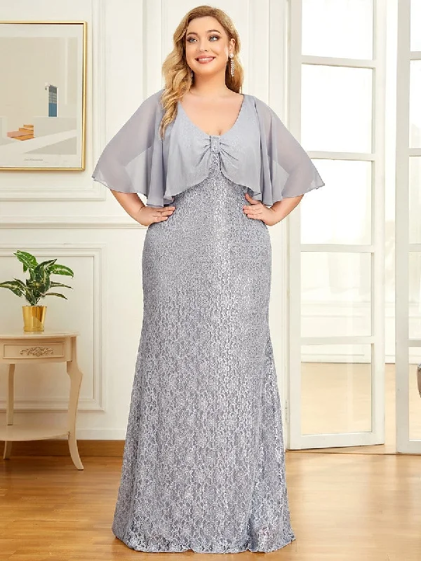 Plus Size Chiffon Sparkly Floral Lace Mother of the Bride Mermaid Dress Plus Size Sleeved