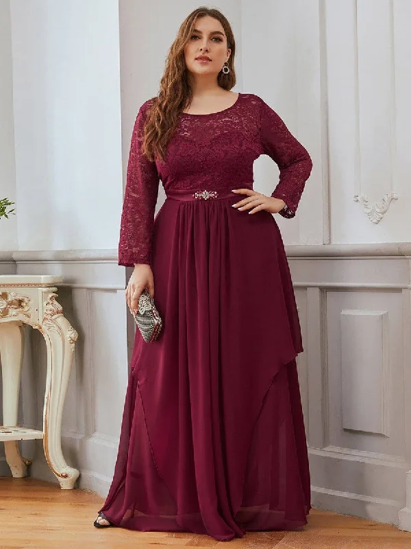 Plus Size Classic Floral Lace Bridesmaid Dress with Long Sleeve Plus Size Frock