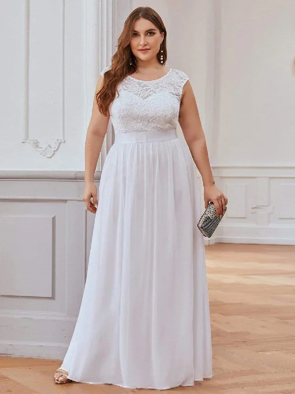 Plus Size Classic Round Neck V Back A-Line Chiffon Bridesmaid Dresses with Lace Plus Size Satin